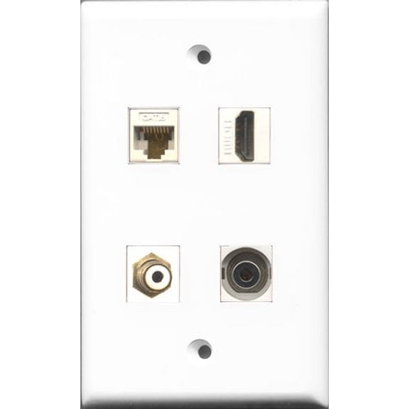 RiteAV 1 Port HDMI and 1 Port RCA White and 1 Port 3.5mm and 1 Port Cat6 Ethernet White Wall Plate