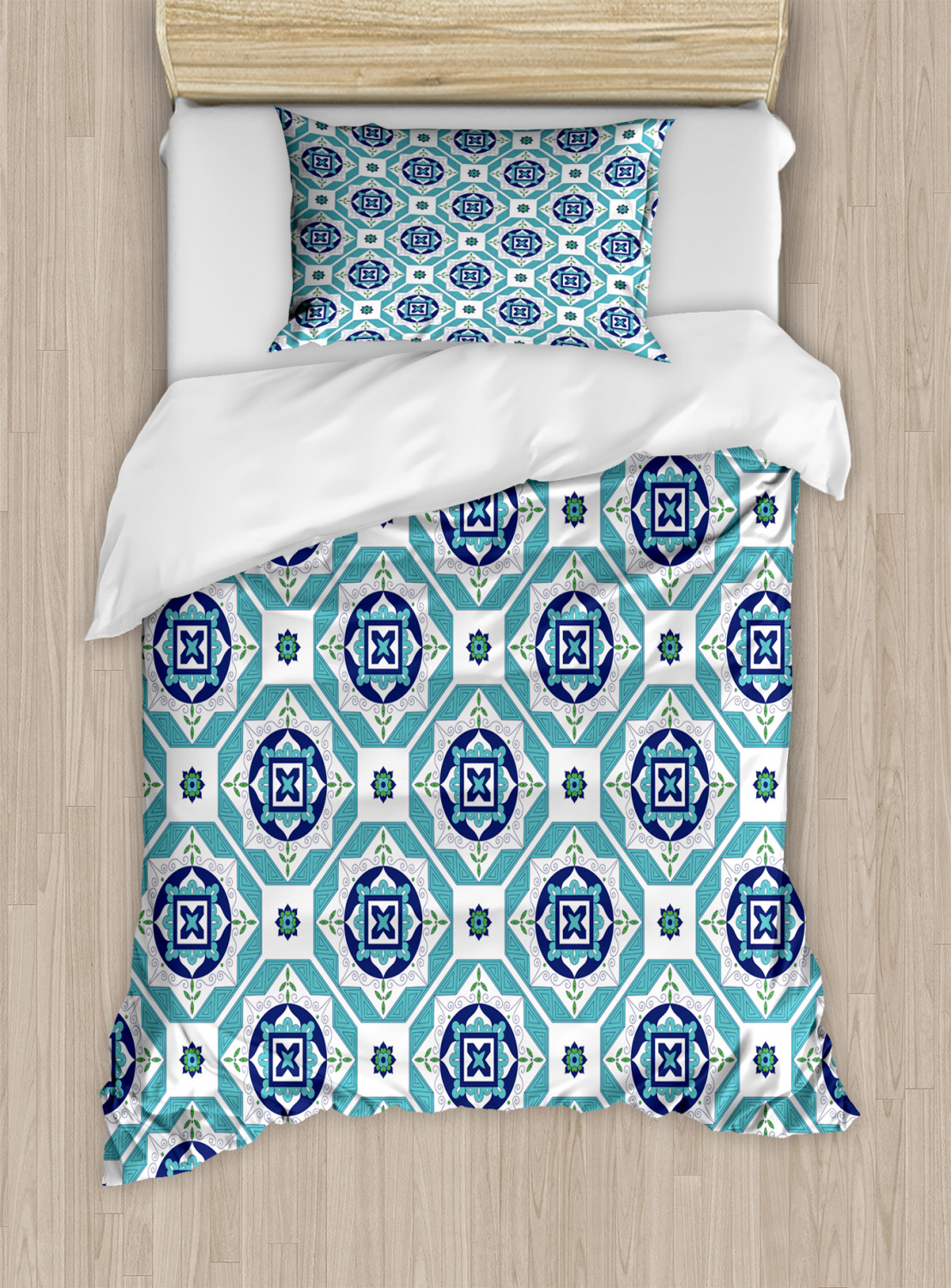 Spanish Duvet Cover Set Twin Size, Geometric Old Azulejo Motif with