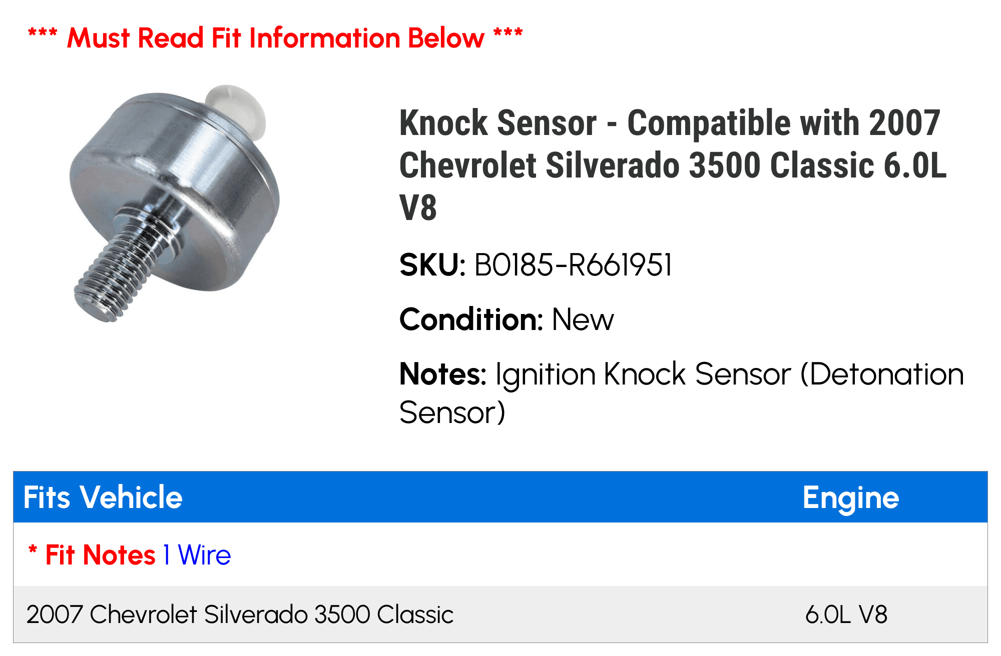 Knock Sensor - Compatible with 2007 Chevy Silverado 3500 Classic 6.0L V8