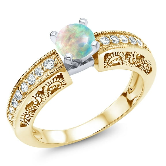 Gem Stone King 0.89 Ct Round Cabochon White Simulated Opal 18K Two-Tone Plated Sterling Silver Ring (Size 7)