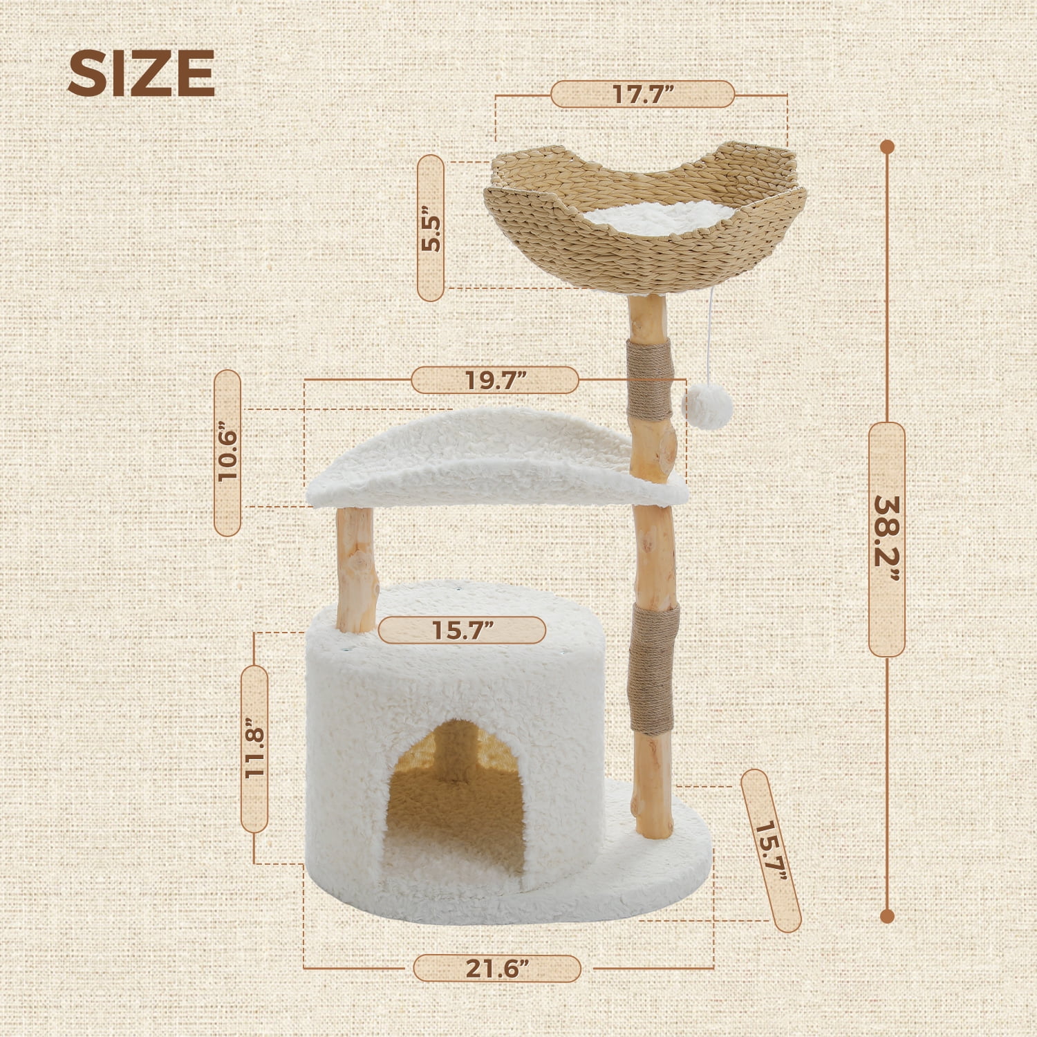 Pefilos 38" Modern Cat Tree Tower with Spacious Wicker Basket, Natural Solid Wood Scratching Posts, Curved Bed, Cat Condo for Indoor Cat, White