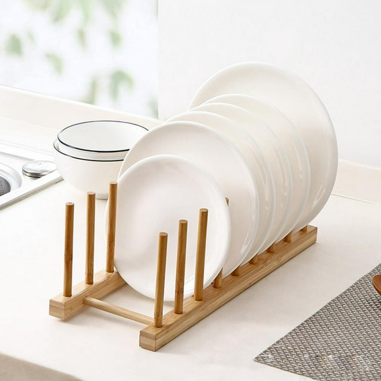 TIE-DailyNec 2 PCS Wooden Dish Rack Bamboo Drying Rack Stand Pot Lid Holder  Kitchen Cabinet Organizer for Dish Plate Bowl Cup Pot Lid Cutting Board