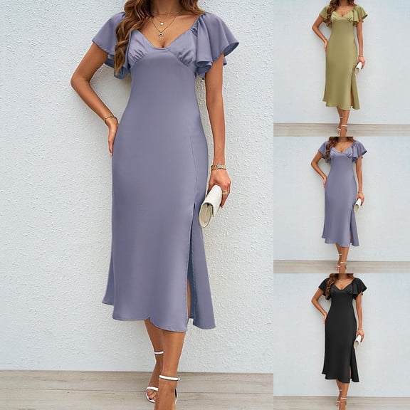 asdoklhq Dress Shirts for Women Ladies' Summer Fashion Solid Color High Waist Slim Short Sleeved Slit Dress Black L
