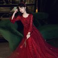 thumbnail image 2 of Vestido de noche con apliques rojos, elegante vestido de fiesta hasta el suelo de manga larga para mujer, diseño clásico de tul adecuado para mujeres embarazadas, 2 of 5