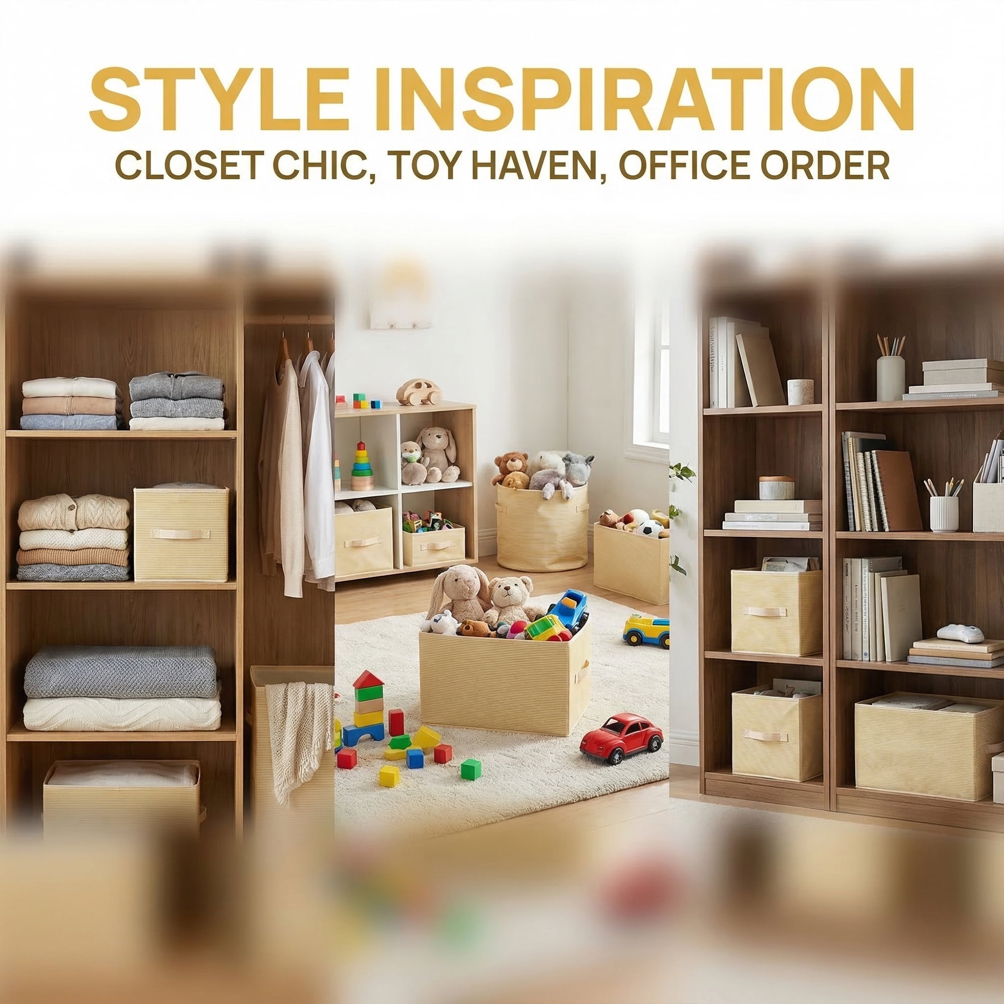 Unique Bargains 3pcs Fabric Storage Bin with Stripe Beige 19.7*13.8*12.6in