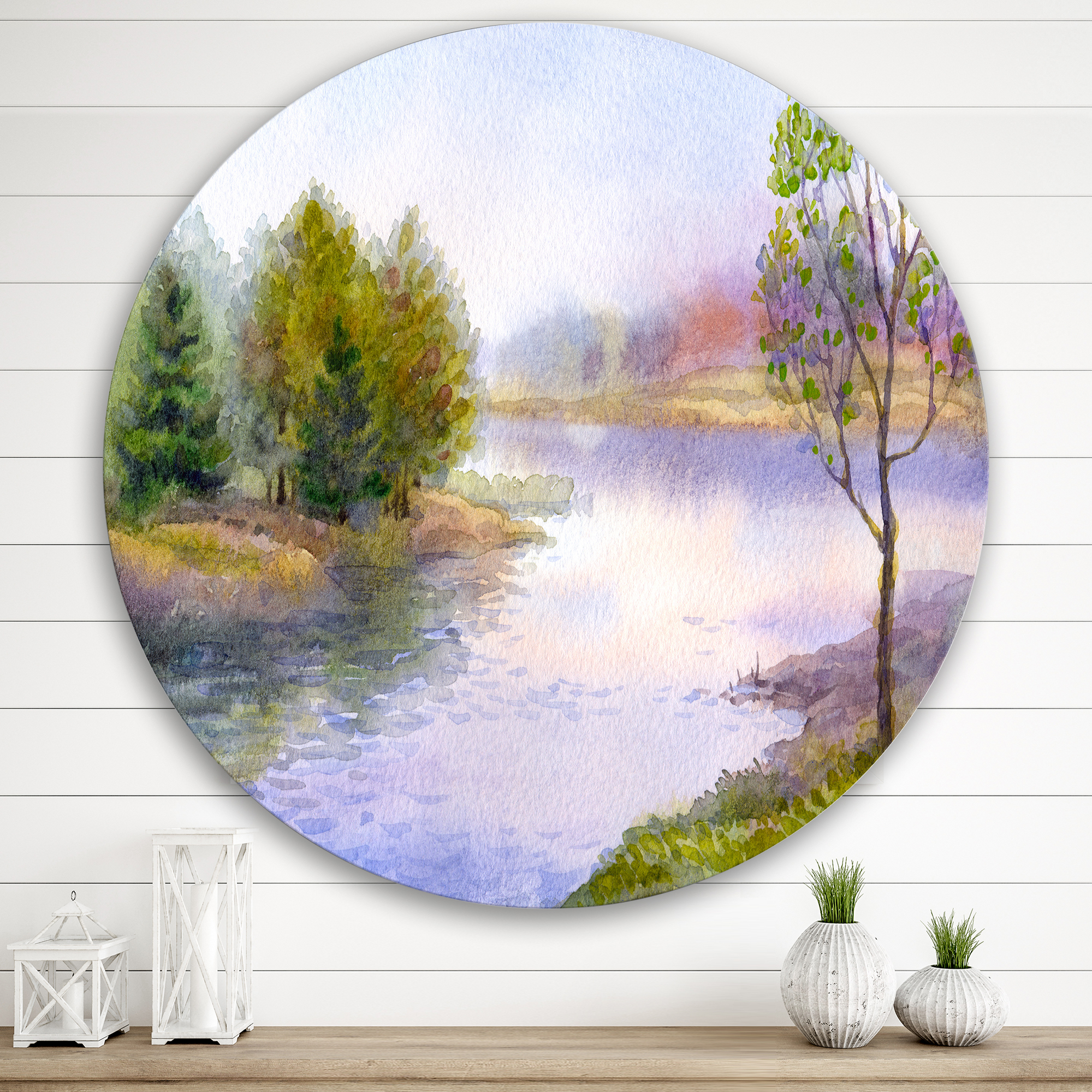 Designart 'Trees On The Bank Of River' Lake House Circle Metal Wall Art 36x36 - Disc of 36