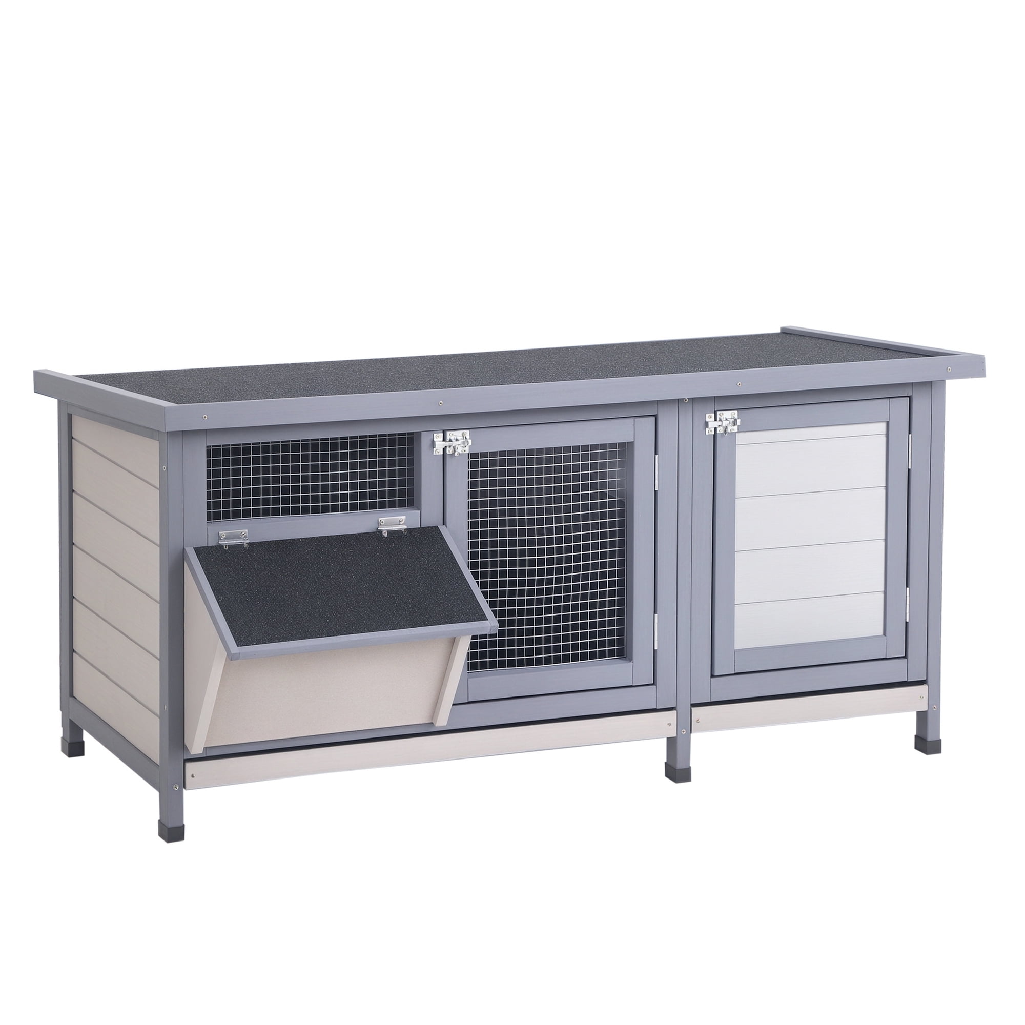 Rabbit Hutch Wooden Bunny Cage, Guinea Pig Habitat, Waterproof Roof & Trough, Indoor Outdoor, Gray