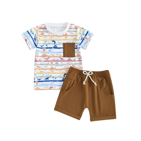 

Qtinghua Infant Toddler Baby Boy Summer Clothes Dinosaur Print Short Sleeve Pocket T-Shirt with Shorts 2Pcs Outfit Khaki 6-12 Months
