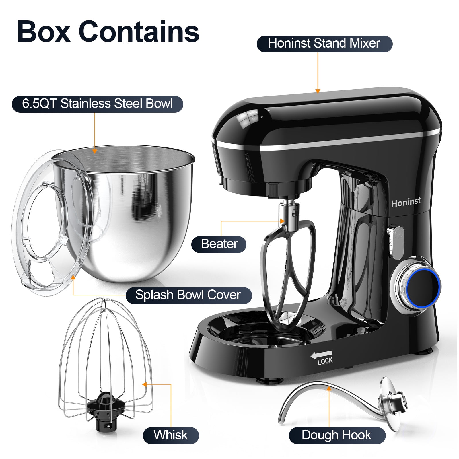 Honinst 6.5-Quart Electric Stand Mixer, 10-Speed, Black photo 6