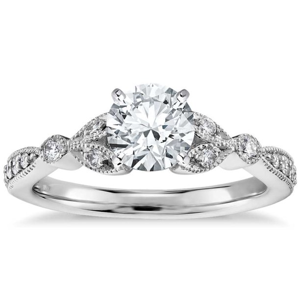 JeenMata Anillo de Compromiso con Diamantes Reales de Talla Redonda Estilo Art Déco en Oro Blanco de 10 K
