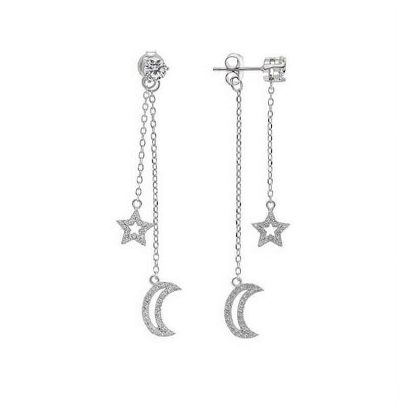 Tilo Jewelry 925 Sterling Silver Star Moon Dangle Earrings with Solitaire and Pave Cubic Zirconia CZ Stones | Women & Unisex