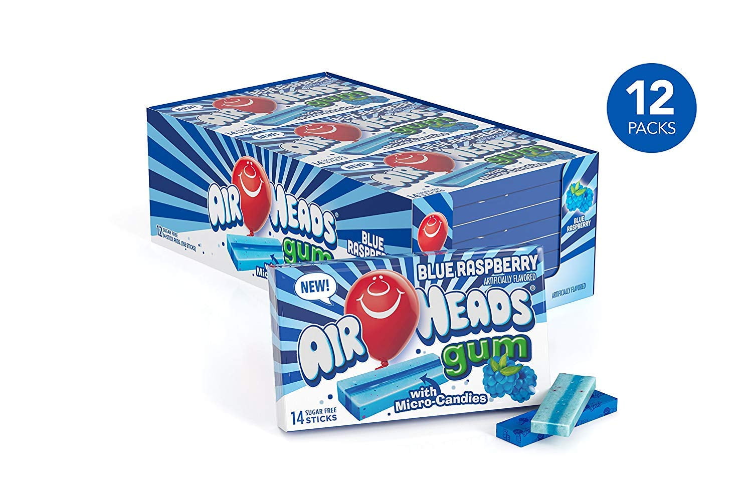 Airheads Candy Sugar-Free Chewing Gum with Xylitol, Blue Raspberry, Halloween Candy, Bulk, 14 Stick Pack (Bulk Pack of 12)