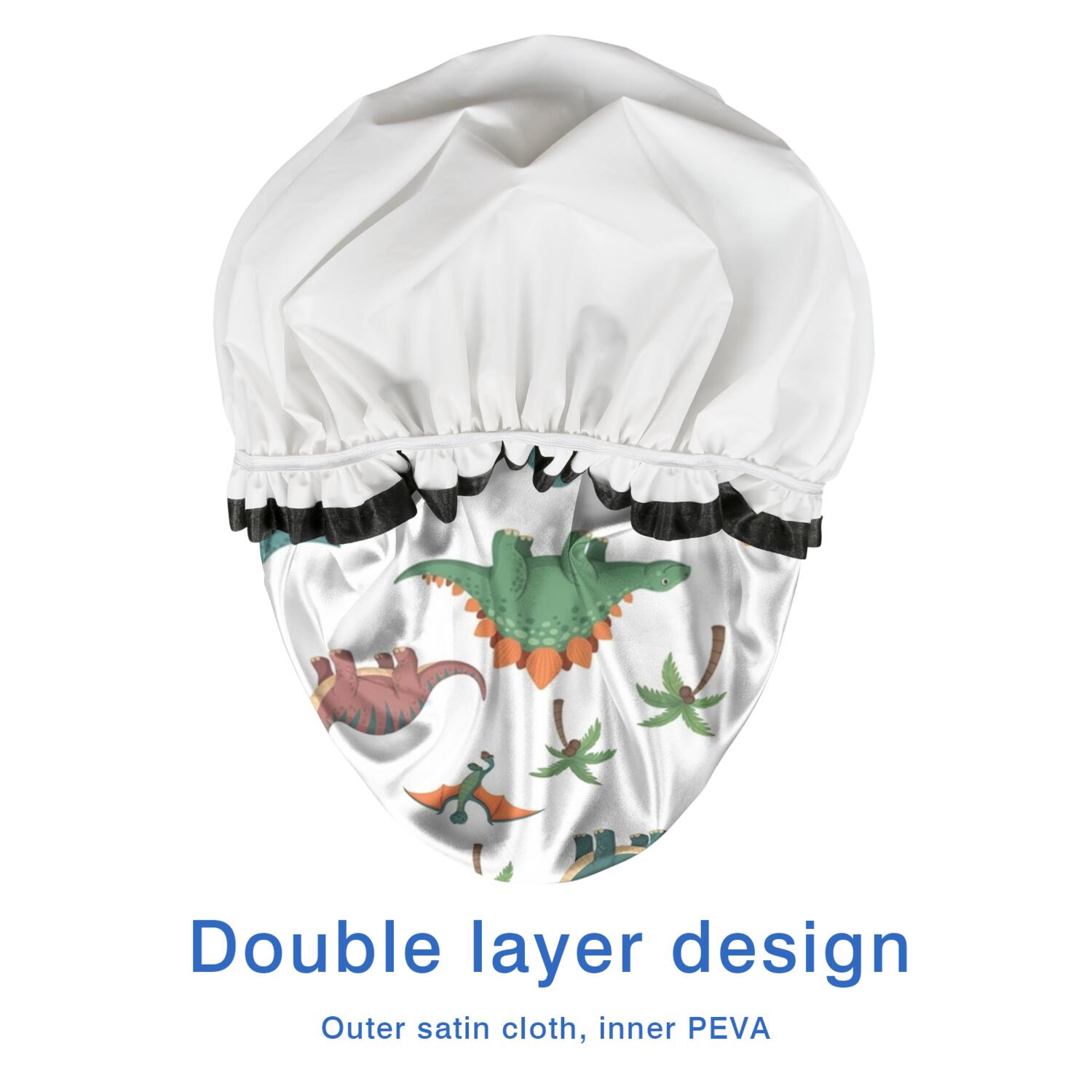 Shower Caps,White Cartoon Dinosaurs Volcanoes Pattern Waterproof Shower Cap for Women 4 Pieces,Double Reusable Hair Cover for Shower PEVA Elastic Stretch Hem