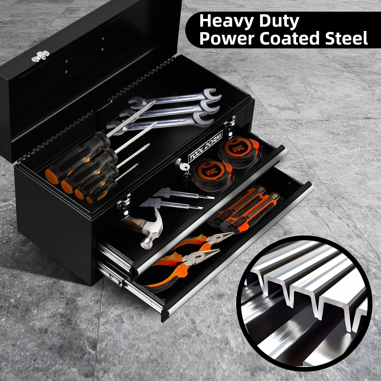 20.3“ Metal Tool Box with Drawer Portable Steel Metal Tool Box with EAV Liner and Metal Latch Closure and Lock for Garage, Home and Warehouse (Black-2 Drawers)