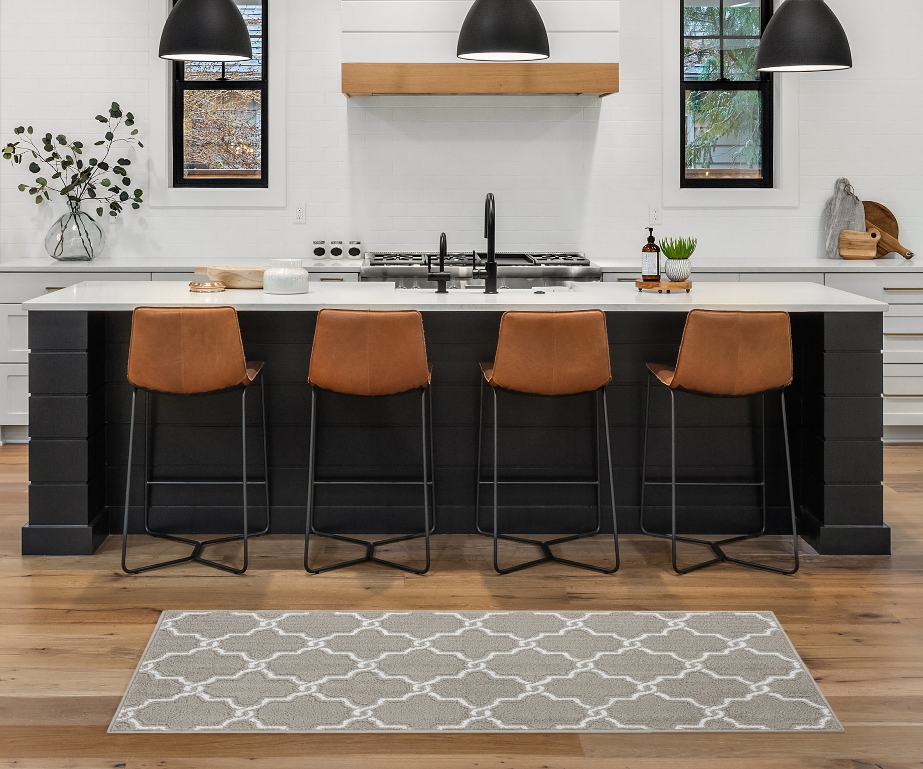 Washable Skid-Resistant Runner Rug, Geometric, Light Grey and White, 26" x 72"