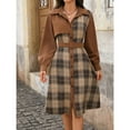 thumbnail image 6 of Fall Dress for Women Trendy Patchwork Corduroy Plaid Shirt Dress with Belt Long Sleeve Business Casual Midi Dresses (XL, Brown), 6 of 7