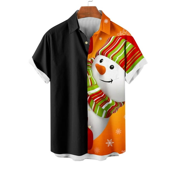 BLTIBY Christmas Button Up Shirt for Men Fun Xmas Snowman Printed Casual Lapel Short Sleeve Hawaiian Santa Shirts Casual Fashion Tops with Pocket 2024 Black XXL