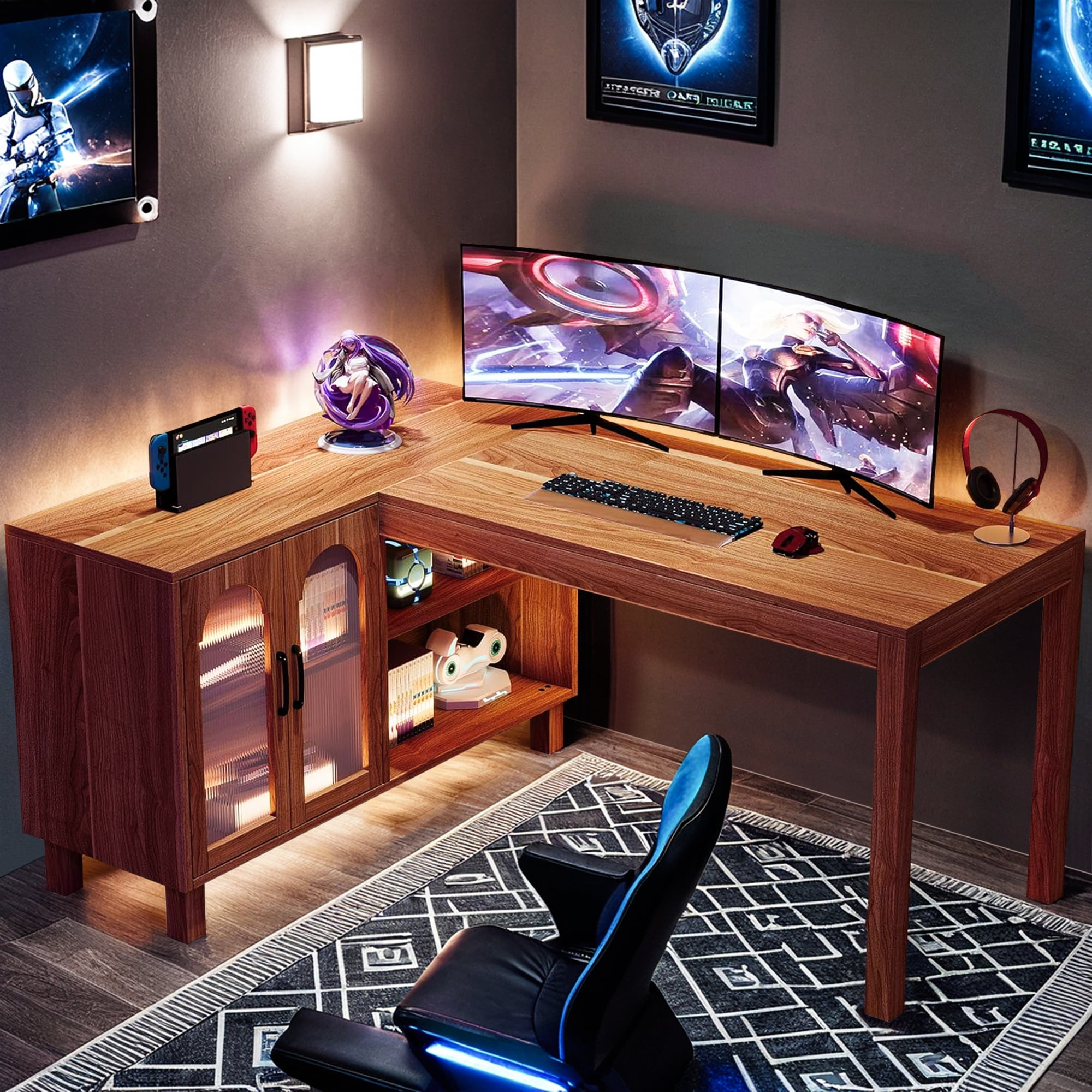 Demi Bonn Modern L Shaped Gaming Computer Desk, 59" Corner Executive Desk with Storage Cabinet for Home Office, Brown