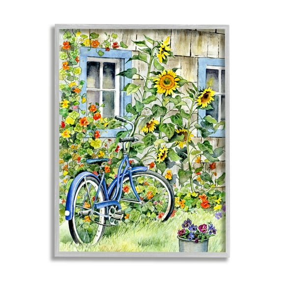 Stupell Industries Blue Bicycle on Traditional Farmhouse Sunflowers Grey Framed, 16 x 20, Design by Gwendolyn Babbitt