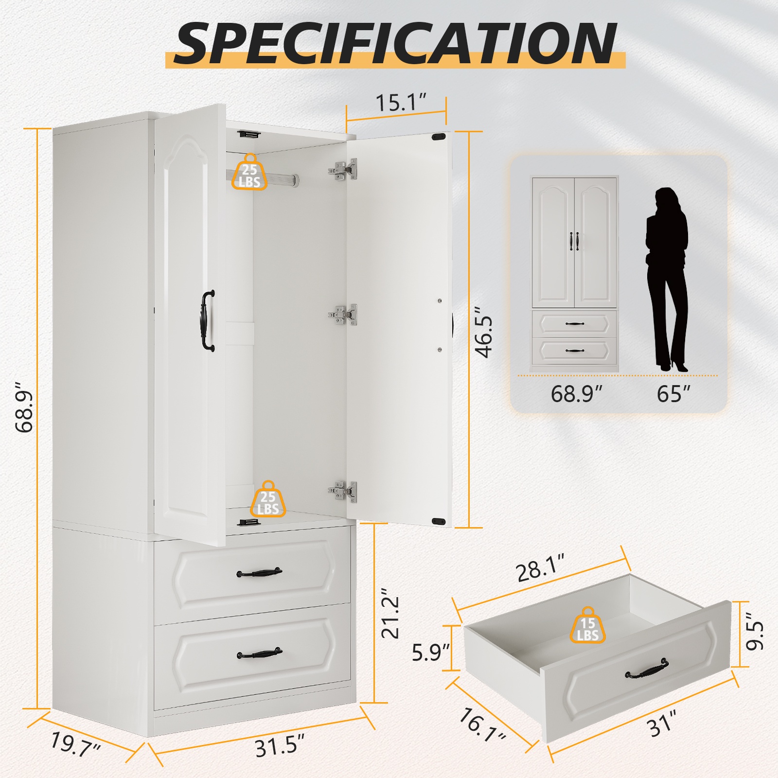 Lumiinofami 2 Door Wardrobe, Wooden Armoire with Hanging Rod and Drawers for Bedroom, White