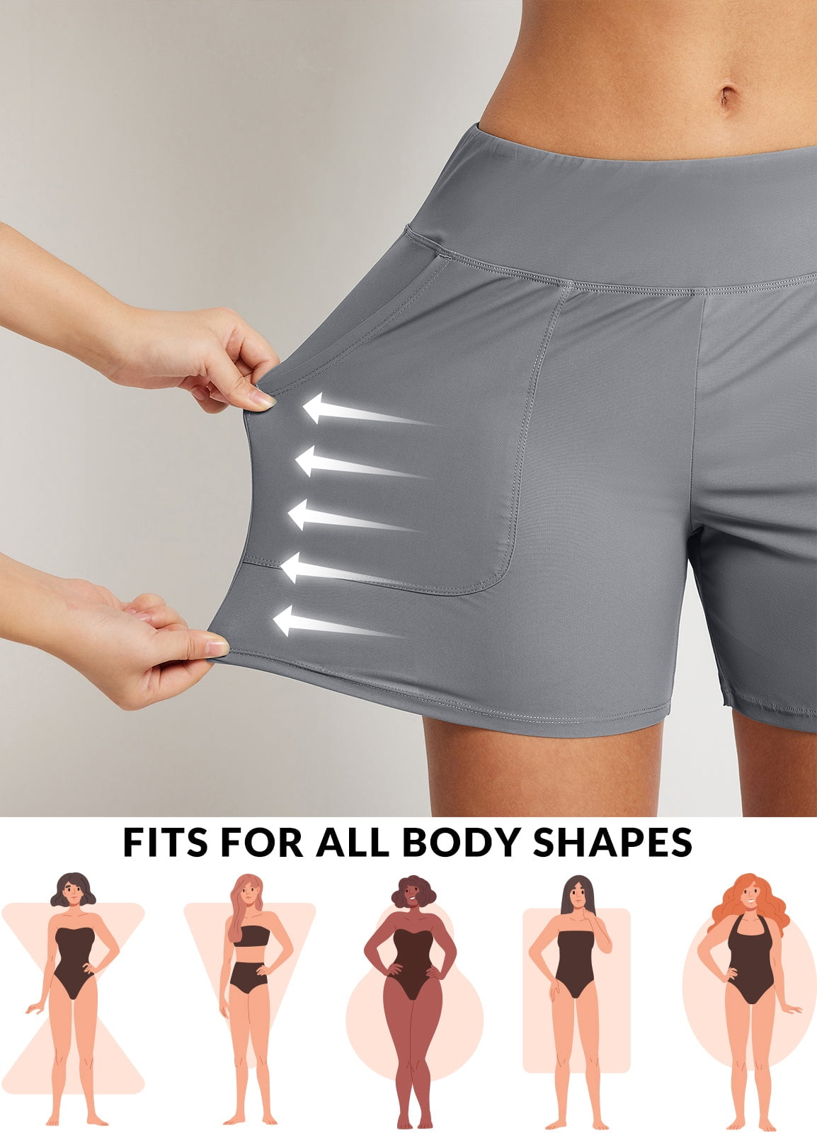 baleaf Women's Swim Board Shorts 5 inch Swimming Bottoms High Waisted Tummy Control Swimsuits Beach Shorts with Liner Dark Gray 2XL