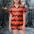 thumbnail image 2 of mgoYE Girls Satin Pajama Set Girls Silk Satin Pajama Set Halloween Pumpkin Print Short Sleeve Button Shirts and Shorts 2 Piece Sleepwear|Red 6-7 Years, 2 of 5
