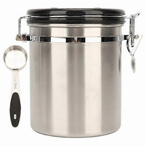 Airtight Stainless Steel Coffee Canister, Kitchen Food Storage with Release Valve and Spoon, 1.2 L