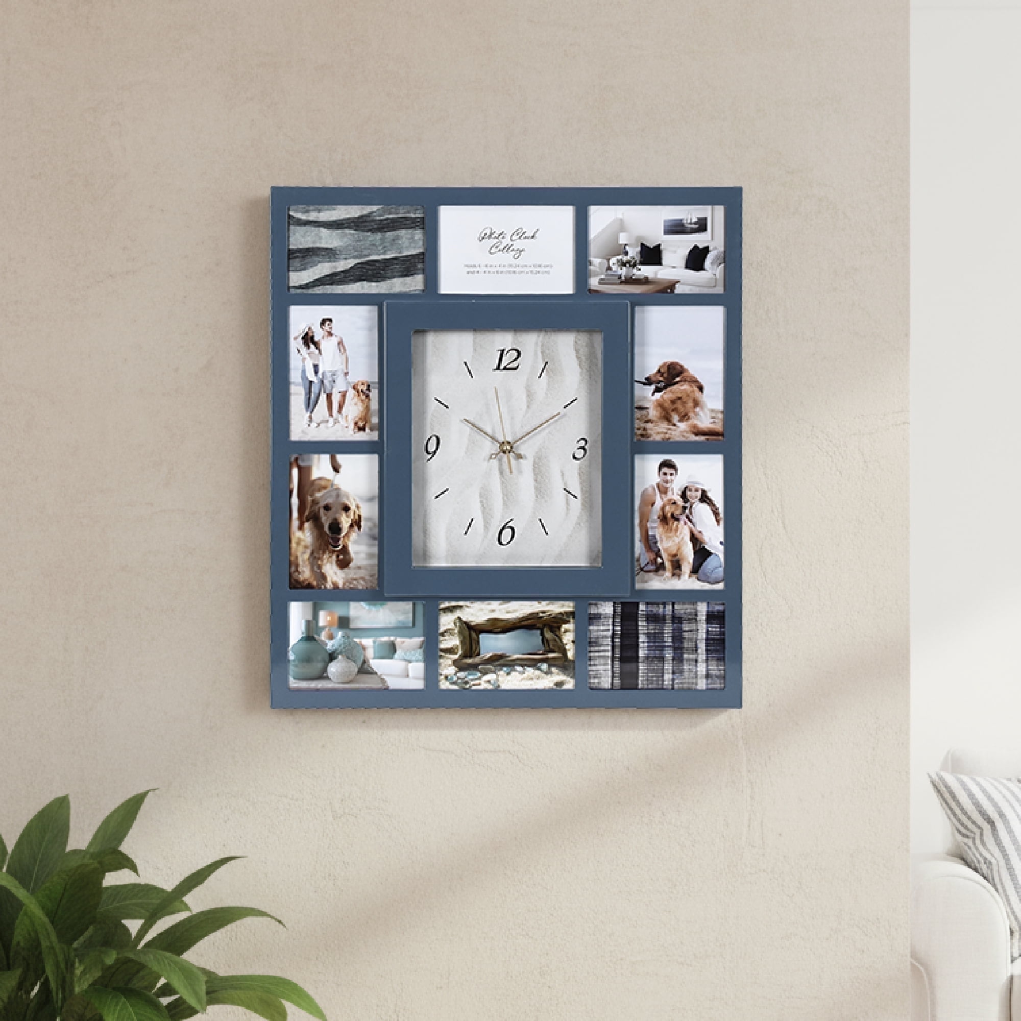 Blue Picture Frame 19.25x 21.5" Collage Wall Clock - 10 Photo Slots, Coastal Modern Decor for Living Room Entryway, Bedroom, Kitchen