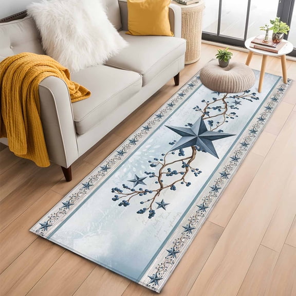 Runner Rug 2'x6', Country Star Blue Washable Non-Slip Hallway Runner Rugs, Farmhouse Vintage Branches Wooden Bedside Rugs Floor Mats Carpet Runners for Kitchen Bathroom Laundry Room