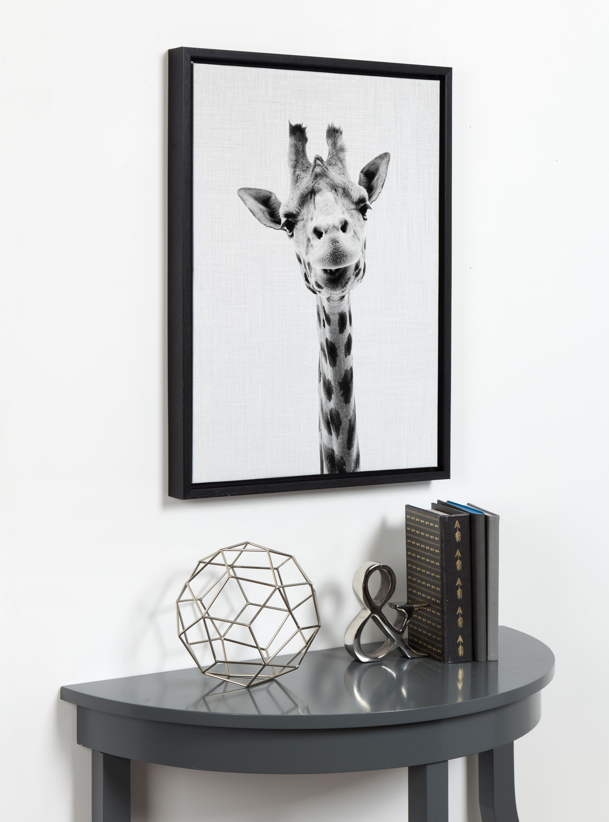 Kate and Laurel Sylvie Giraffe Animal Print Black and White Portrait Framed  Canvas Wall Art by Simon Te Tai, 18x24 Black