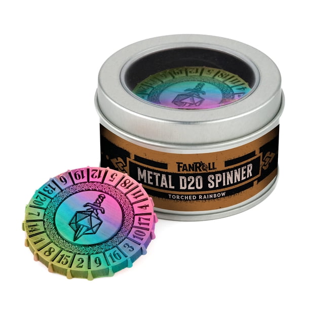 Juegos de dados metálicos Fanroll Metal D20 Spinner: Arco iris incendiado
