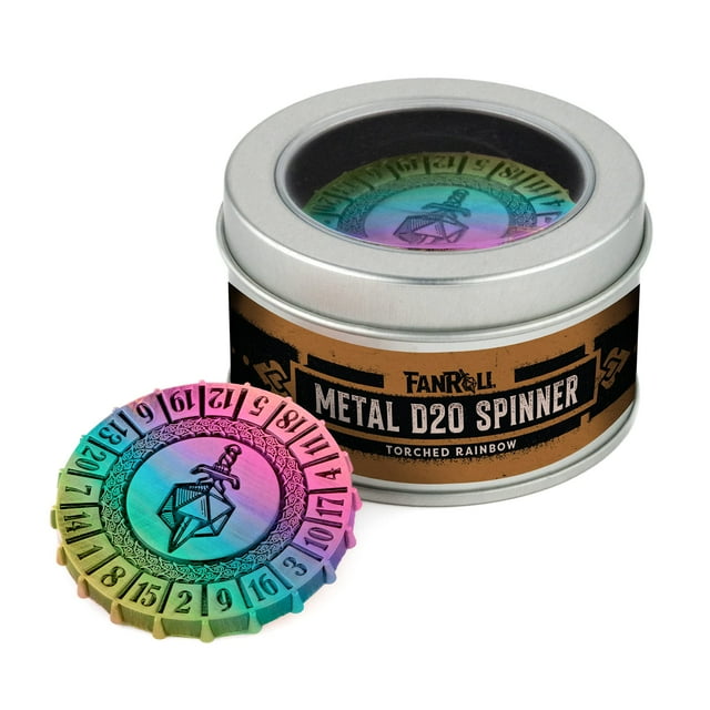 Juegos de dados metálicos Fanroll Metal D20 Spinner: Arco iris incendiado