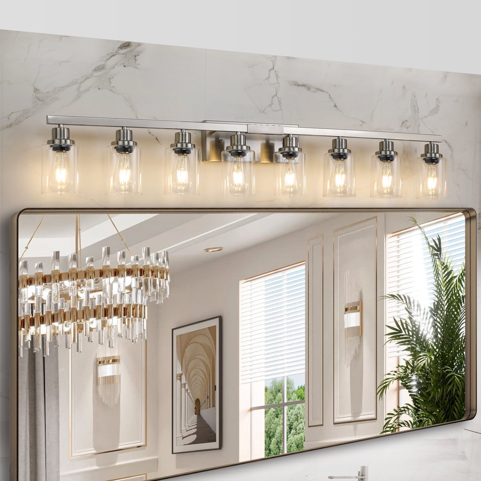 8 Light Brushed Nickel Modern 51.2in Bathroom Vanity Light with Clear Glass Shade, Bathroom Lighting Fixtures Over Mirror