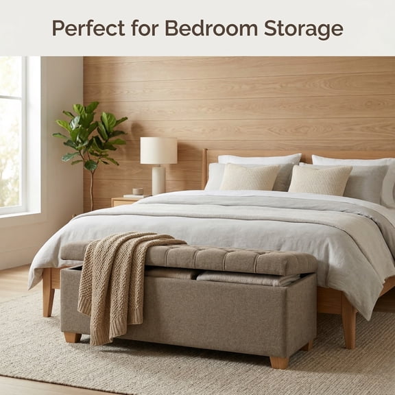 GOMYHOME 60" Chenille Upholstered Storage Bench, Tufted Flip-Top Ottoman with Wood Legs, Taupe