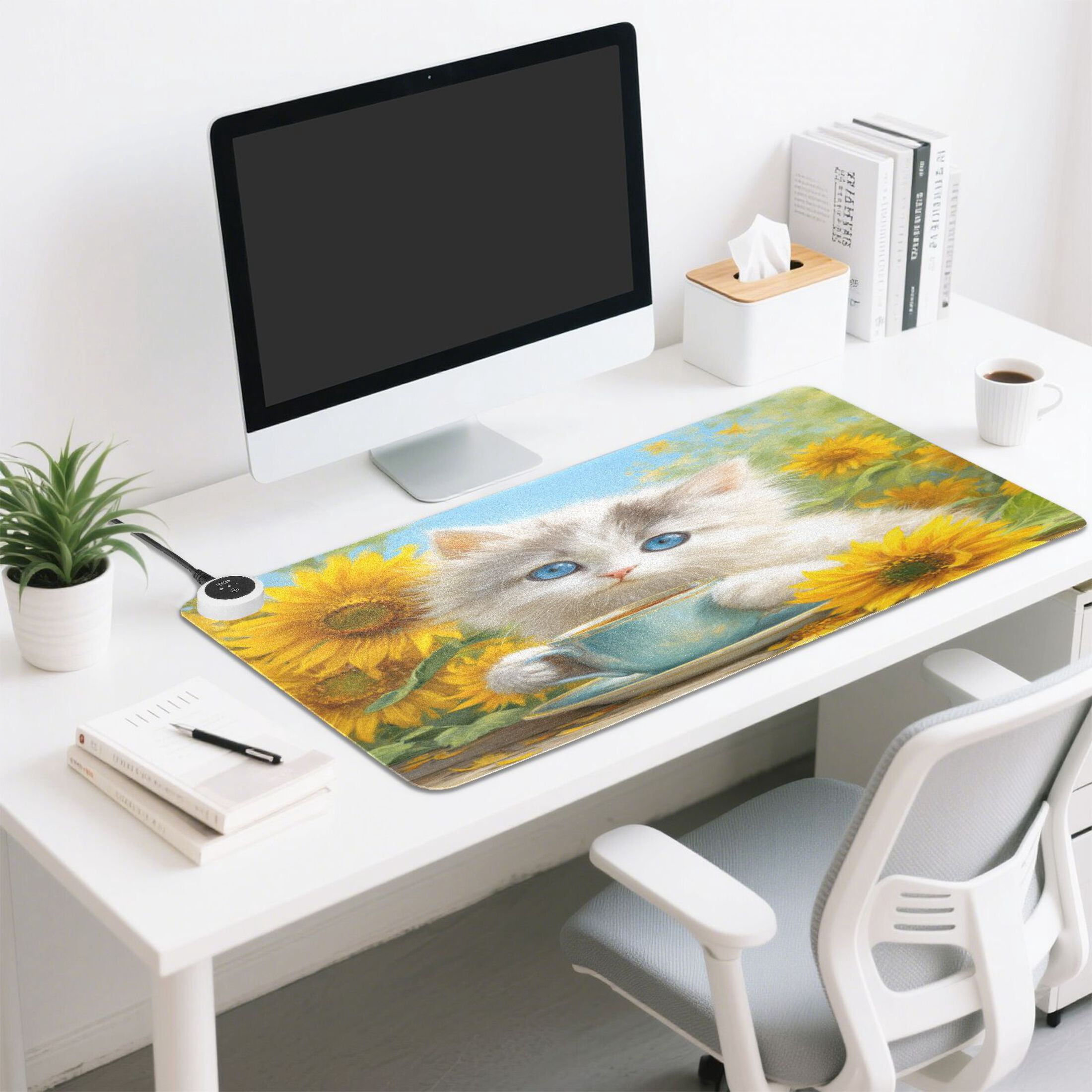 Large Heated Desk Mat Mouse Pad 31.5"x13"PU Leather Graphene Heating Desk Warmer with 3 Temperature Settings 110V US Plug Non-Slip Warm Pad for Home, Office, and Gaming Elegant Blue-eyed White Cat