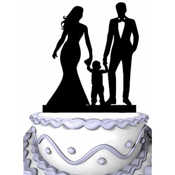 Wedding Cake Topper - Bride and Groom with Children Silhouette Family Anniversary Cake Topper