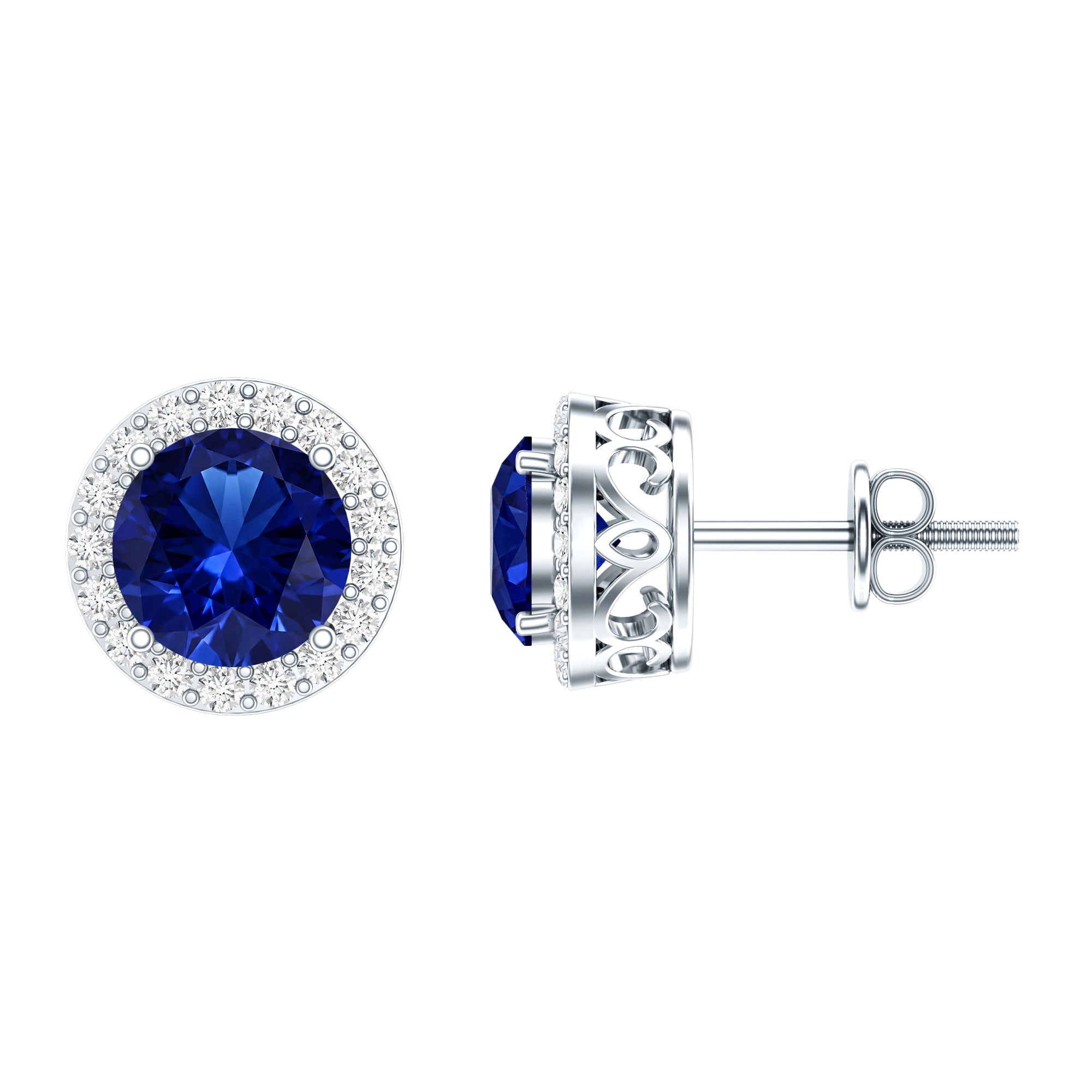Rosec Jewels Certified Lab Created Blue Sapphire Halo Earrings with Screw on Backs - Silver Sapphire Earrings for Women