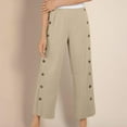 thumbnail image 2 of Clean Cotton Linen Capri Pants for Women Elastic Waisted Palazzo Pants Straight Wide Leg Causal Trousers Side Button Slacks Baggy Capris Dressy Work Outfits, 2 of 6