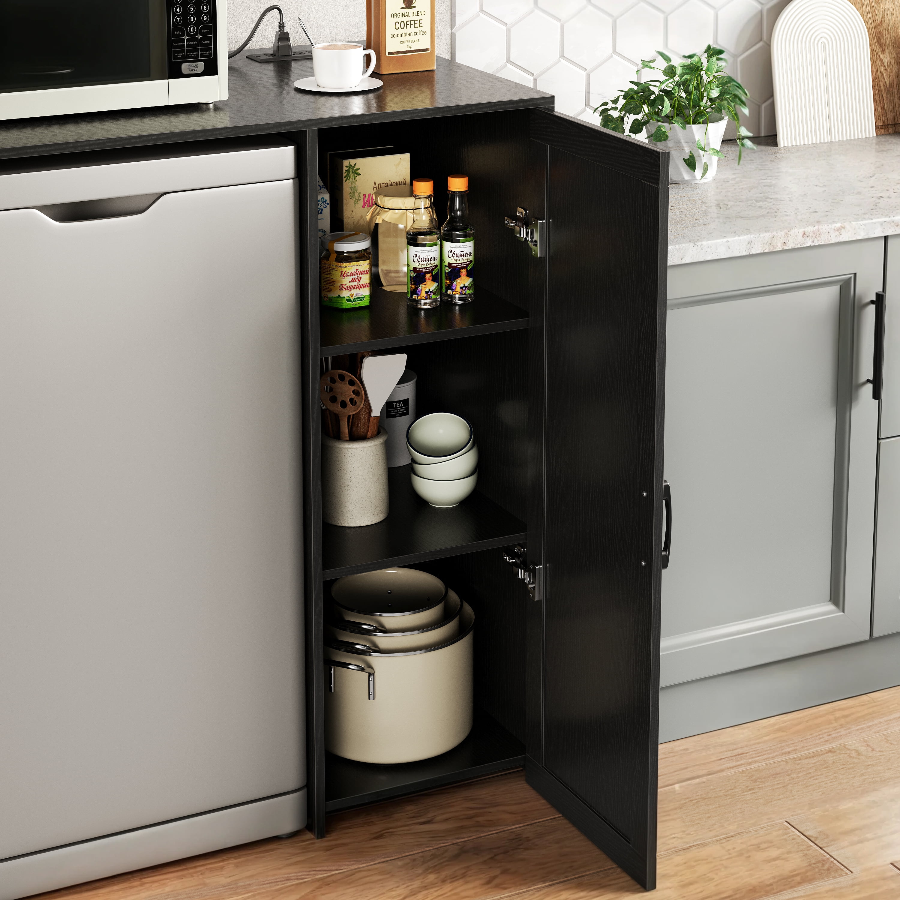 Herture Mini Fridge Cabinet with Storage, Coffee Bar Cabinet with Power Outlet, Fits 24" Wine Fridge, 3-Tier Organizer, Refrigerator Stand for Kitchen, Apartment, or Home Bar Black KH01MRB