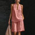 thumbnail image 2 of Women's 2 Piece Short Sets Linen Sleeve V Neck Halter Matching Short Suit Summer Casual Oversized Outfits Pink S(S), 2 of 6