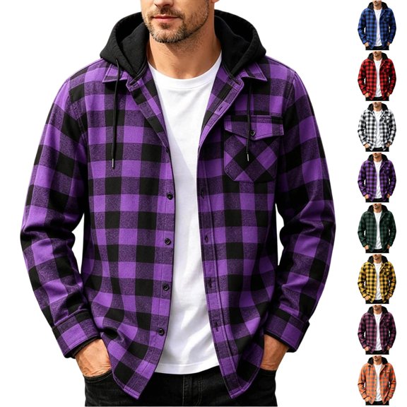 UDAUDU Men's Plaid Hooded Casual Shirt Button Down Jackets Flannel Stylish Long Sleeve Fall Casual Button-Up Hooded Purple 3XL