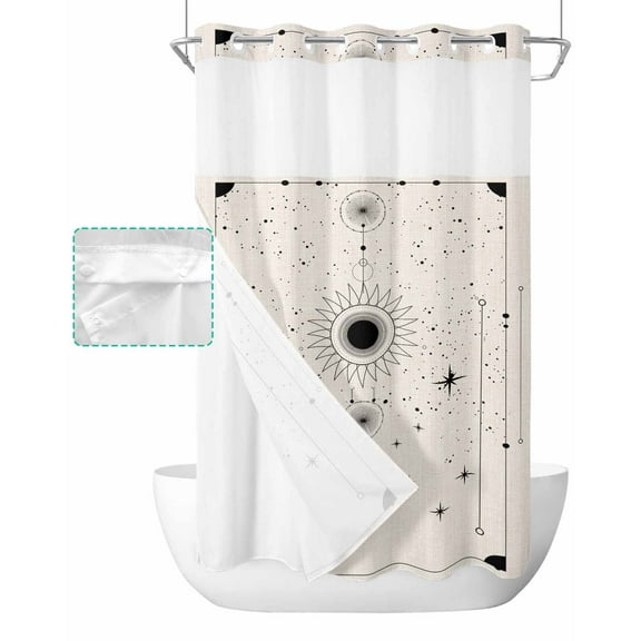 No Hook Shower Curtain with Snap in Liner, Abstract Sun Moon and Stars Retro Linen Hotel Shower Curtains for Bathroom, Washable Shower Curtain Liner Set with Mesh Top Window, 54"x78"