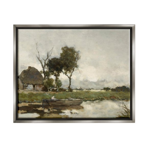 Boat on River Classic Scene Landscape Painting Luster Gray Framed Art Print Wall Art