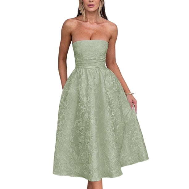 Vestidos de verano sin tirantes para el regreso a casa con bolsillos, corsé, línea A, midi, para fiesta de cóctel, vestidos de color verde empolvado