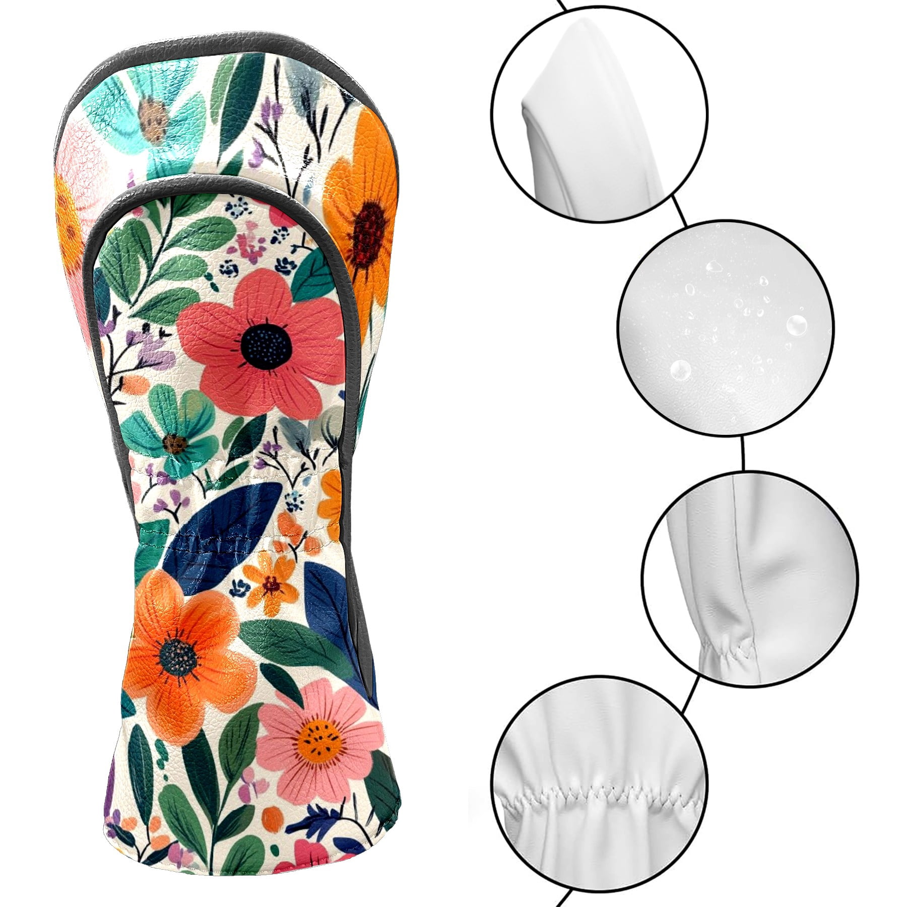Golf Head Covers Botanical Leaves & Flowers Design for Driver, Wood & Hybrid, Premium Waterproof PU Leather with Plush Lining, Unique Golf Gifts