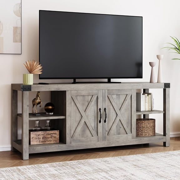 Farmhouse TV Stand and Entertainment Center for 65/60/55 in Televisions, TV Console with Storage Cabinets and Open Shelves, TV Cabinet for Living Room, Bedroom, Grey