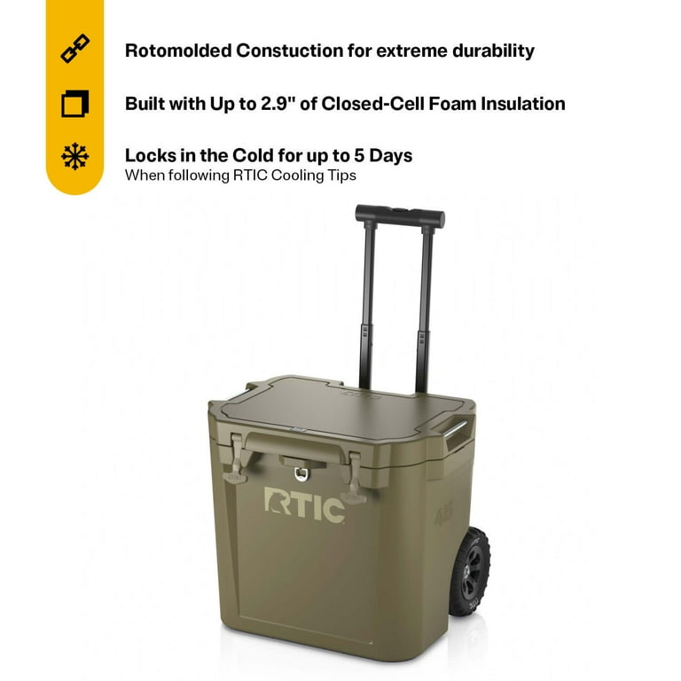 RTIC 45 QT Heavy-Duty Ultra-Tough Wheeled Cooler, Olive RTIC 45 QT Heavy-Duty Ultra-Tough Wheeled Cooler, Olive
