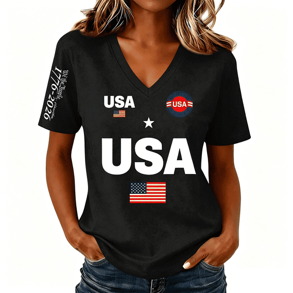 BODOAO Women's 250 Anniversary USA Shirt V-Neck Short Sleeve 250 Years T-Shirt 1776-2026 250Th Spring Summer Casual Patriotic Shirts Loose Fit Tops Plus Size Black L