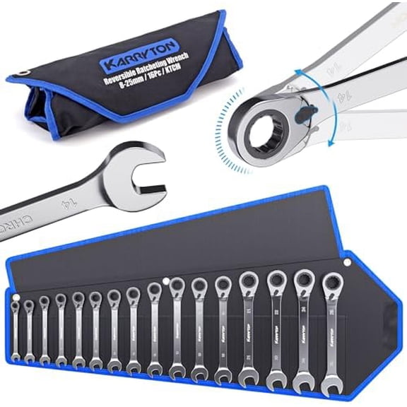 16-piece Reversible Ratcheting Wrench Set Metric 8-25mm, 72 Teeth Ratchet Combination Wrenches Set with Rolling Bag, Cr-V Steel, Chrome Plating Handle with Blackened Ratchet$$Tools & Hardware Other