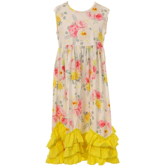 Toddler Girls Sleeveless Floral Ruffles Hem Beach Party Flower Girl Dress Yellow 2T XS (P202460P)